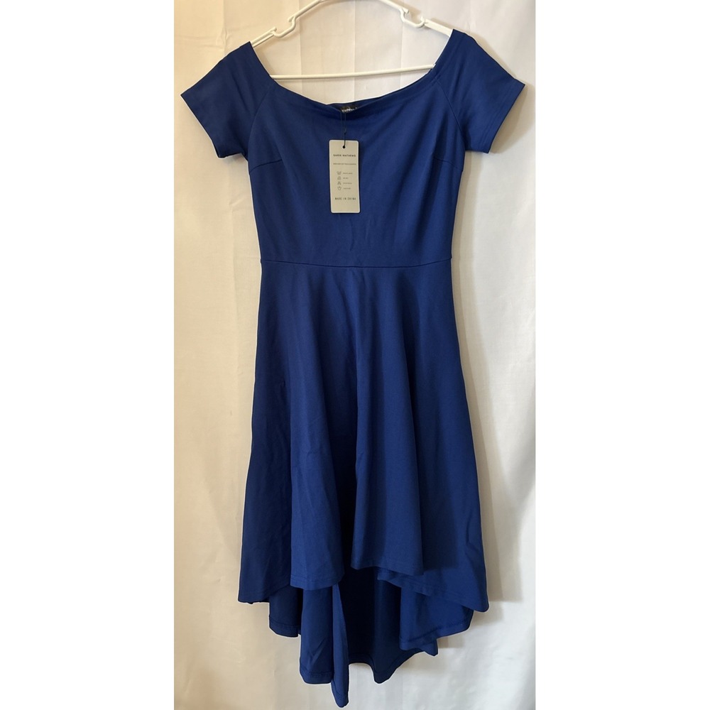 Sarin Mathews-Women Off The Shoulder Short Sleeve High-Low Cocktail Dress-Navy-S